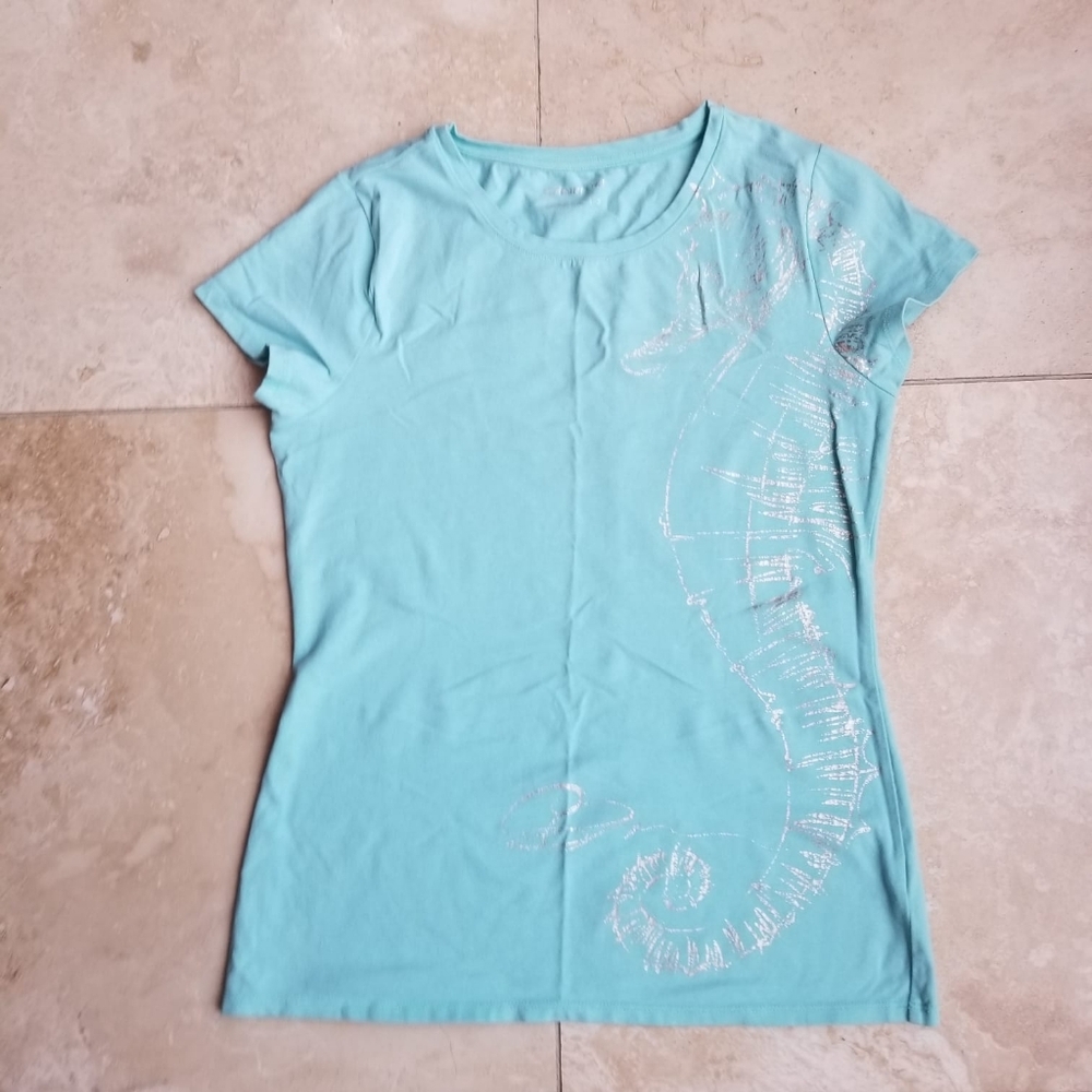 Light Blue Women's Top with Seahorse Design